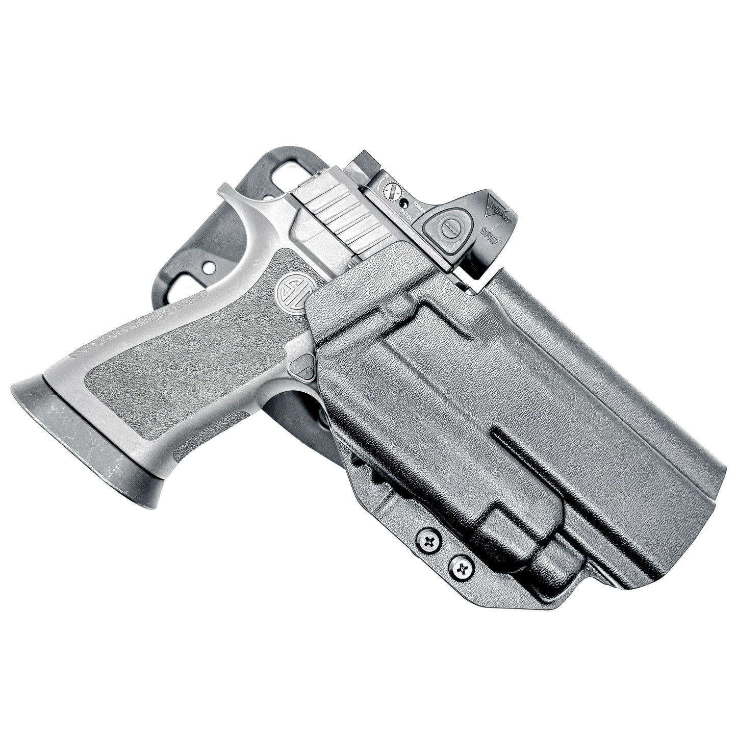 OWB Outside Waistband Competiton Holster for Sig Sauer P320 & Streamlight TLR-7 X & HL-X and GoGun USA Gas Pedal in black with a duty drop attachment.