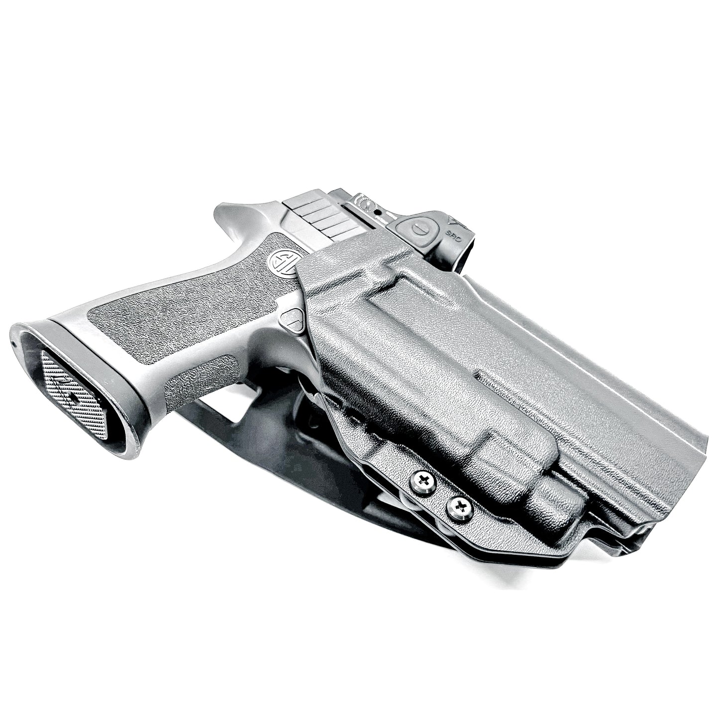 OWB Outside Waistband Competiton Holster for Sig Sauer P320 & Streamlight TLR-7 X & HL-X and GoGun USA Gas Pedal in black with a duty drop attachment.