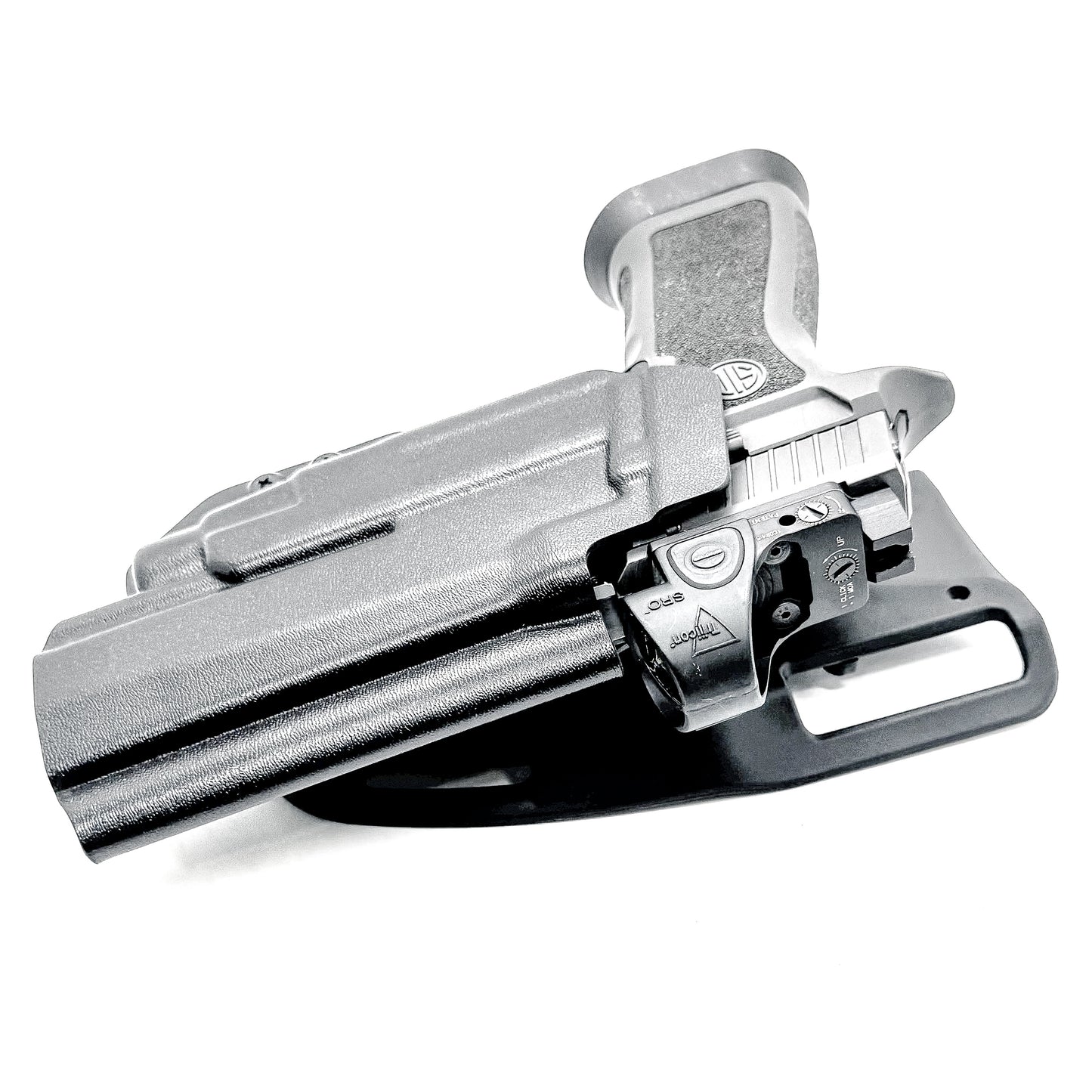 OWB Outside Waistband Competiton Holster for Sig Sauer P320 & Streamlight TLR-7 X & HL-X and GoGun USA Gas Pedal in black with a duty drop attachment.