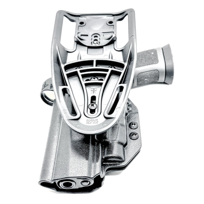OWB Outside Waistband Competiton Holster for Sig Sauer P320 & Streamlight TLR-7 X & HL-X and GoGun USA Gas Pedal in black with a duty drop attachment.