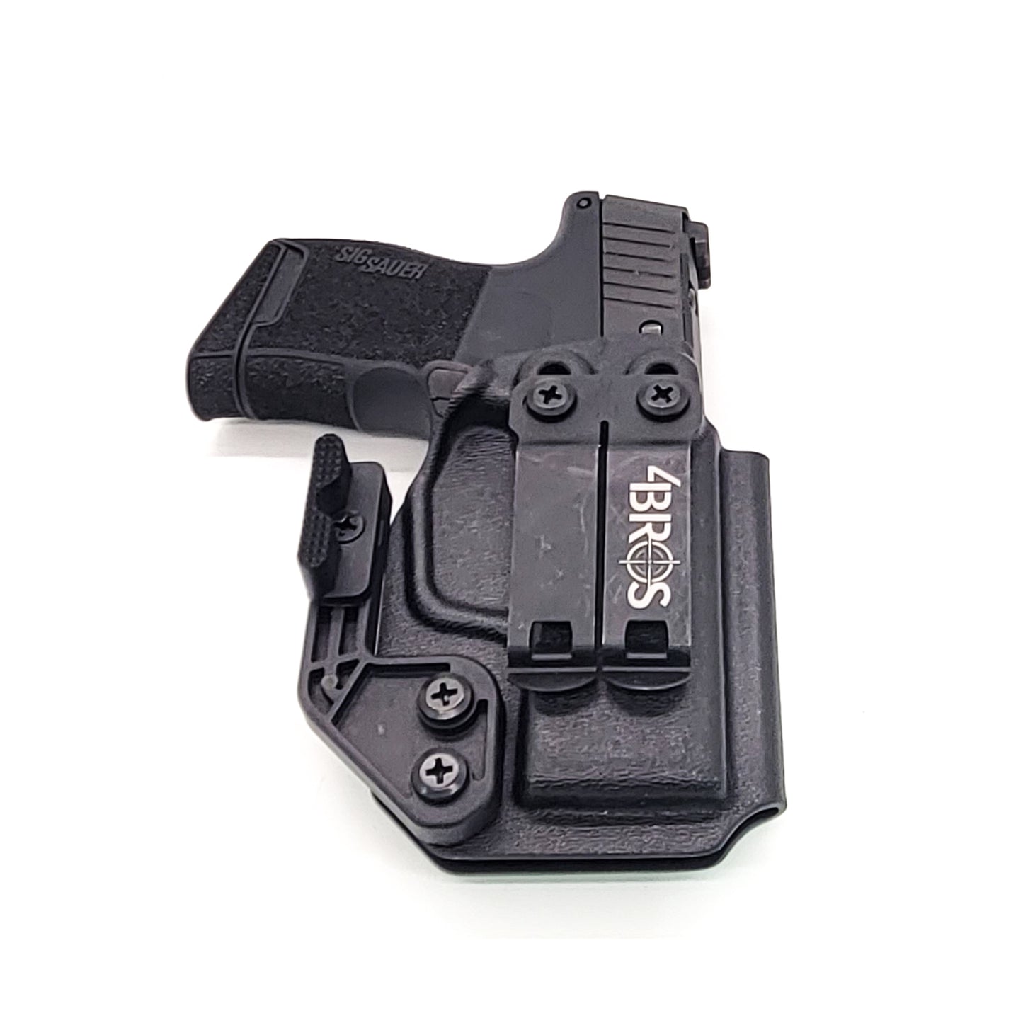 For the best, most comfortable, AIWB, IWB, Kydex Inside Waistband Holster Designed to fit the Sig Sauer P365-380 pistol, shop Four Brothers 4BROS holsters. Adjustable retention, high sweat guard, smooth edges, and minimal material for improved comfort and concealment. Made in the USA P 365 380 