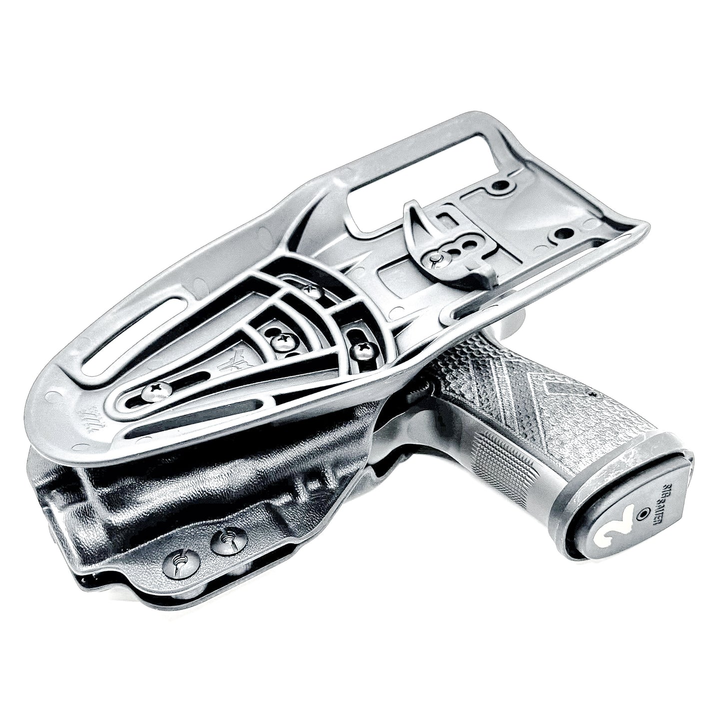 Black Duty and Competition OWB holster fits the Sig Sauer P365 AXG-Legion Gen 2 with a Streamlight TLR-7 Sub; shown with a duty drop attachment.