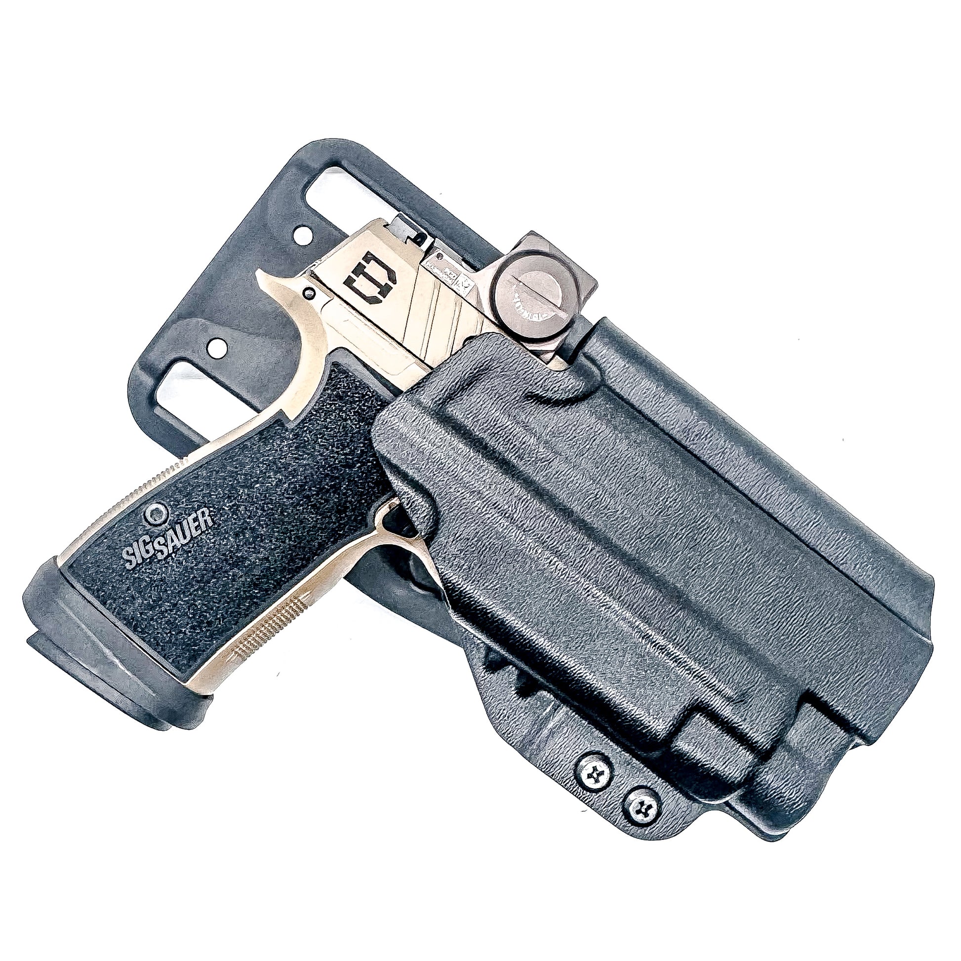 OWB holster for Sig Sauer P365-DH3 AXG with TLR-7 HL-X. Outside Waistband light duty & competition holster with adjustable retention and optics support.