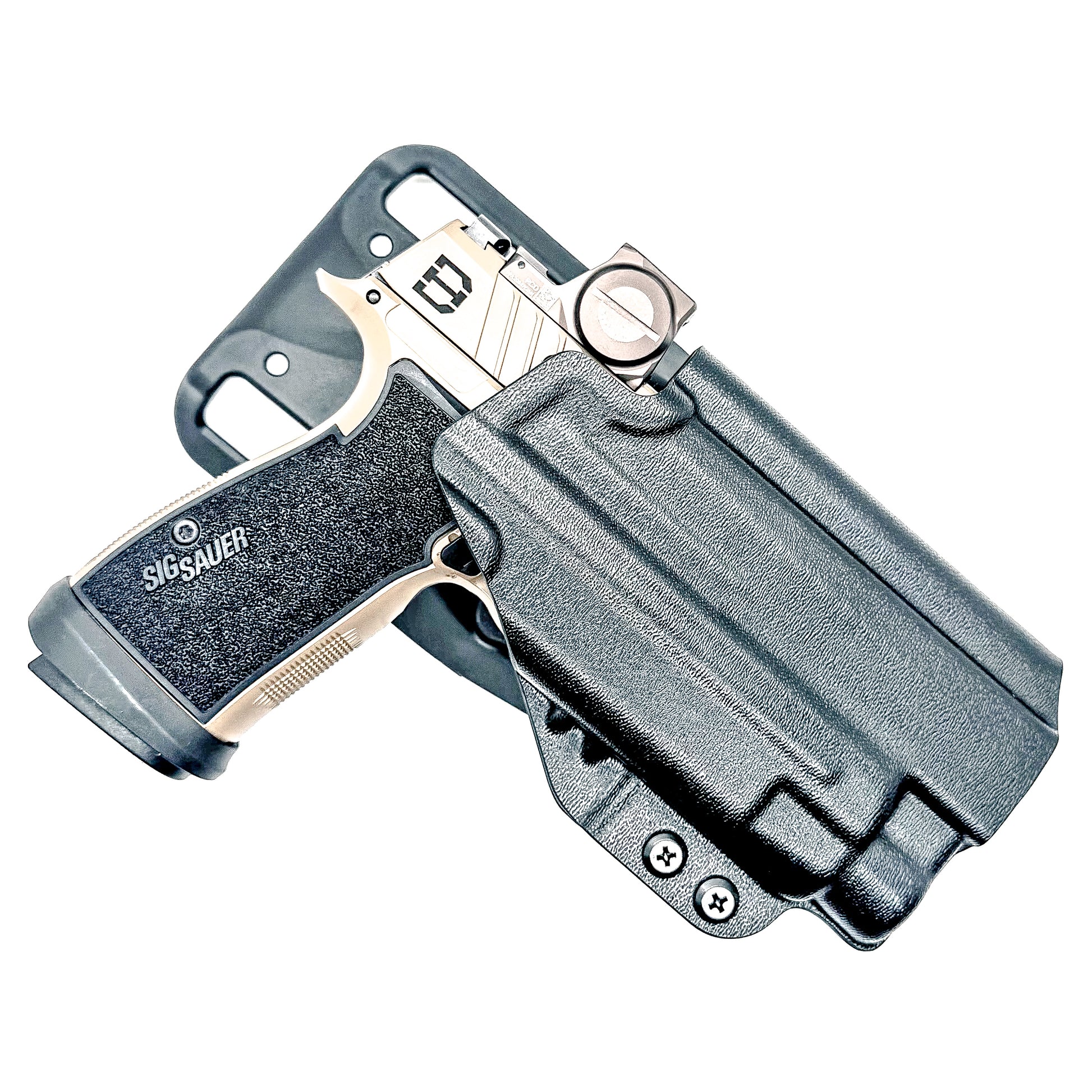 OWB holster for Sig Sauer P365-DH3 AXG with TLR-7 HL-X. Outside Waistband light duty & competition holster with adjustable retention and optics support.