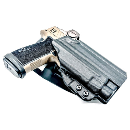 OWB holster for Sig Sauer P365-DH3 AXG with TLR-7 HL-X. Outside Waistband light duty & competition holster with adjustable retention and optics support.