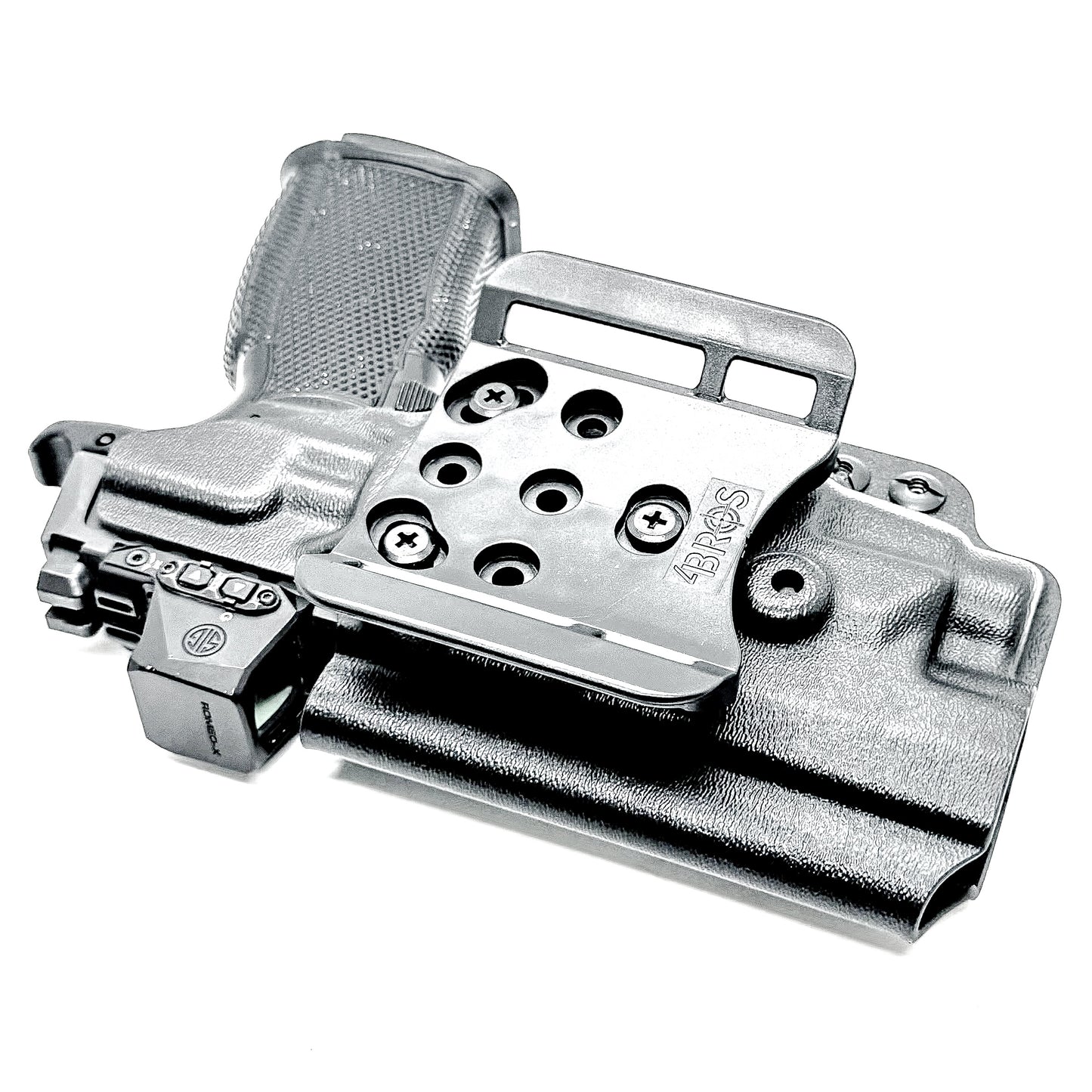 Black OWB holster for Sig P365-FUSE with Icarus MACRO/FUSE A.C.E. EVO grip & Streamlight TLR-7 HL-X. with 4BROS 1.5" Belt Slide. Optics-ready, open muzzle, adjustable retention. USA-made.