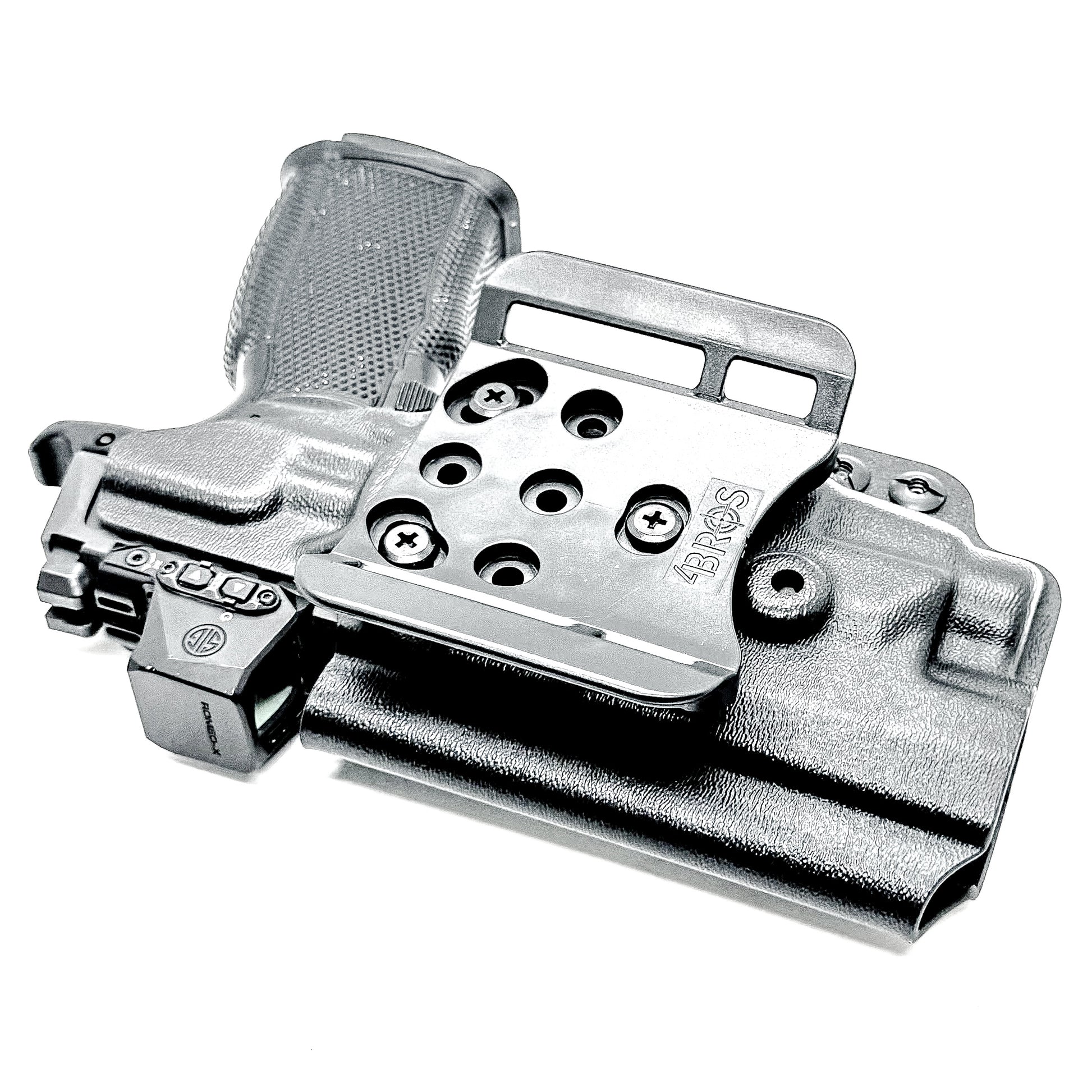 Black OWB holster for Sig P365-FUSE with Icarus MACRO/FUSE A.C.E. EVO grip & Streamlight TLR-7 HL-X. with 4BROS 1.5" Belt Slide. Optics-ready, open muzzle, adjustable retention. USA-made.