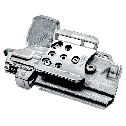 Black OWB holster for Sig P365-FUSE with Icarus MACRO/FUSE A.C.E. EVO grip & Streamlight TLR-7 HL-X. with 4BROS 1.5" Belt Slide. Optics-ready, open muzzle, adjustable retention. USA-made.
