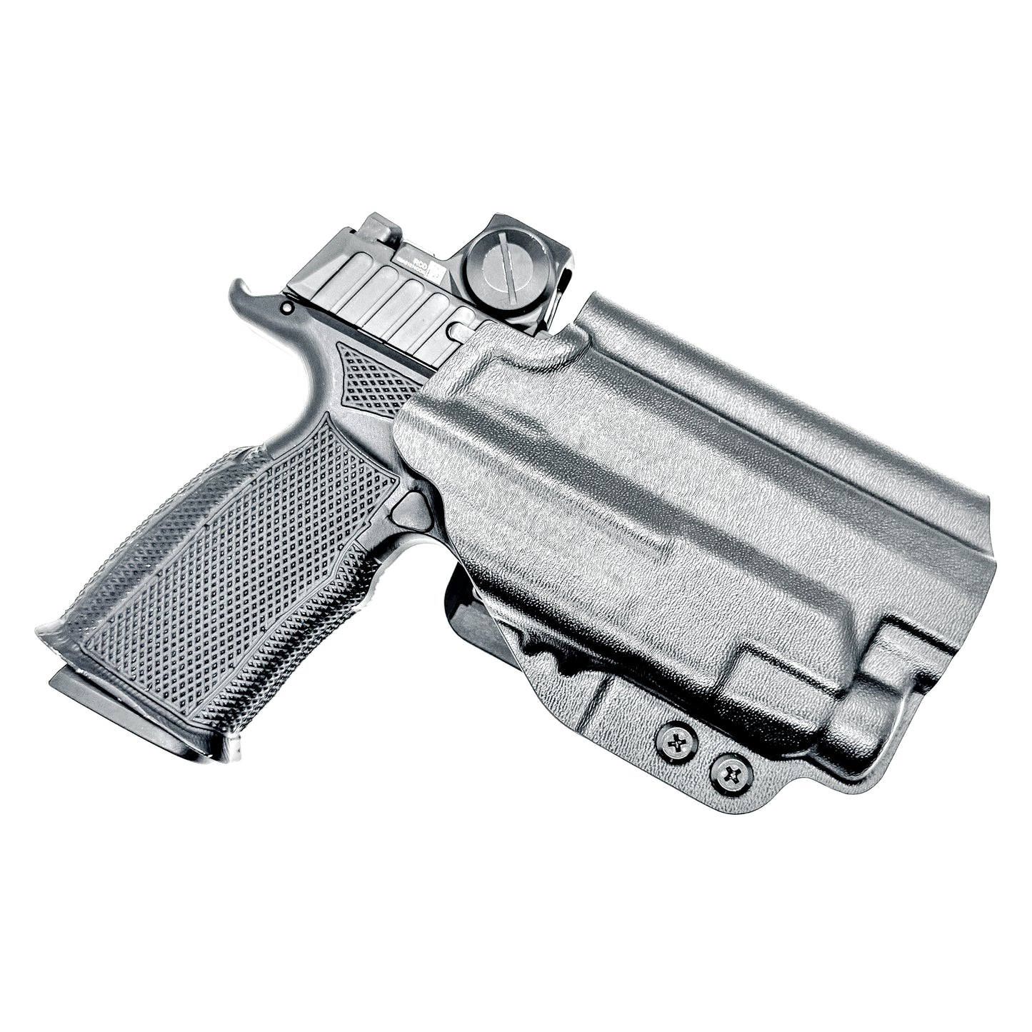 Black OWB holster for Sig P365-FUSE with Icarus MACRO/FUSE A.C.E. EVO grip & Streamlight TLR-7 HL-X. with 4BROS 1.5" Belt Slide. Optics-ready, open muzzle, adjustable retention. USA-made.
