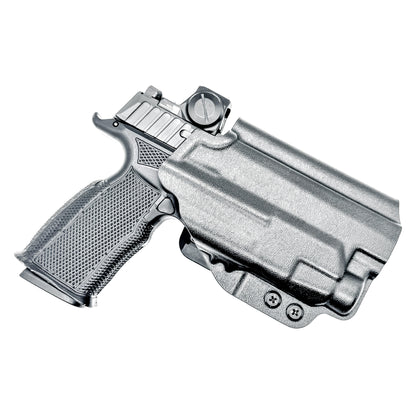 Black OWB holster for Sig P365-FUSE with Icarus MACRO/FUSE A.C.E. EVO grip & Streamlight TLR-7 HL-X. with 4BROS 1.5" Belt Slide. Optics-ready, open muzzle, adjustable retention. USA-made.