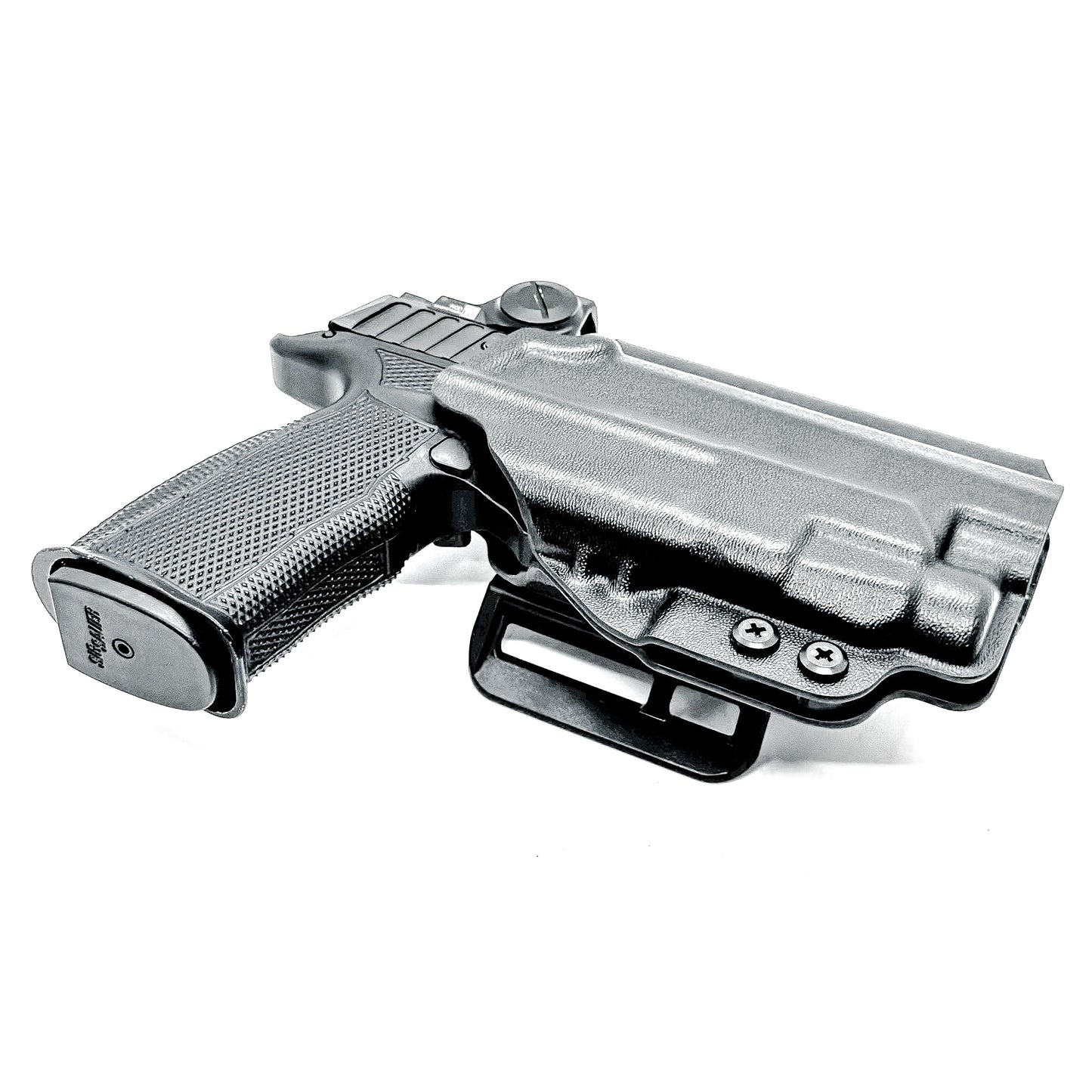 Black OWB holster for Sig P365-FUSE with Icarus MACRO/FUSE A.C.E. EVO grip & Streamlight TLR-7 HL-X. with 4BROS 1.5" Belt Slide. Optics-ready, open muzzle, adjustable retention. USA-made.