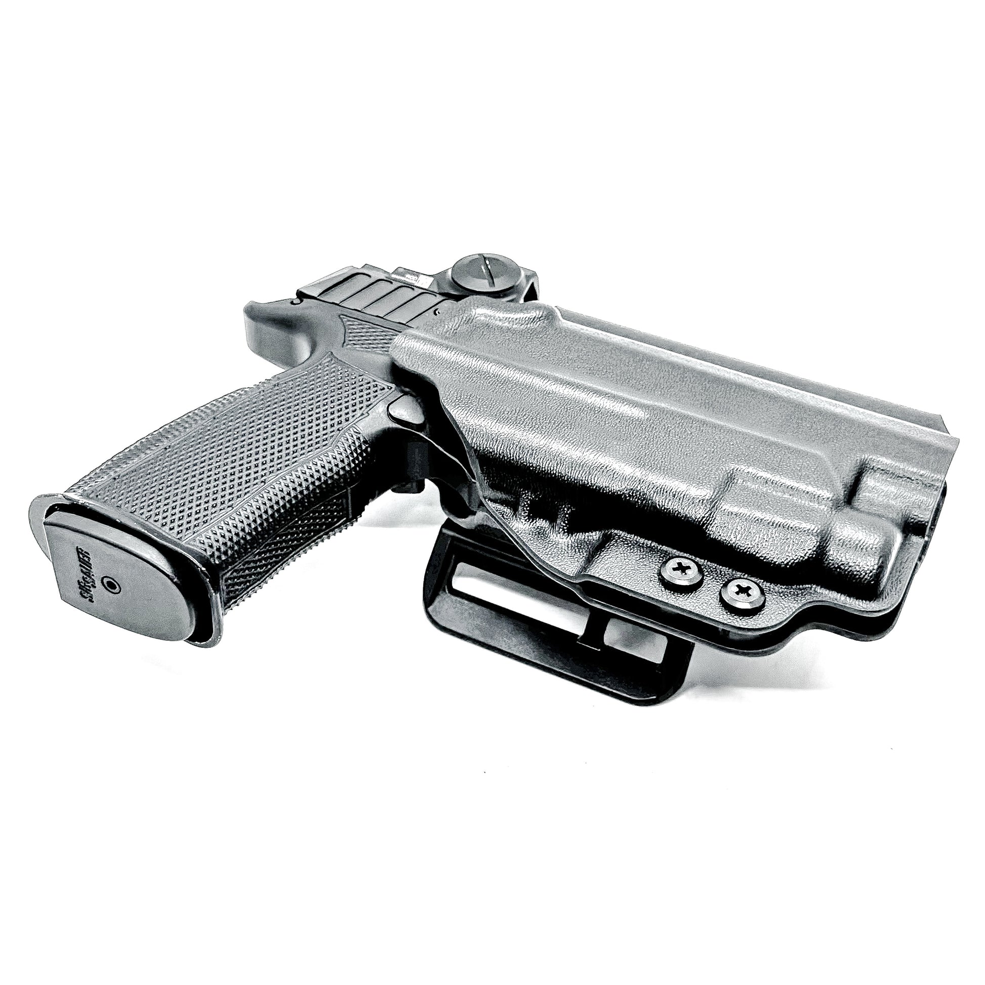 Black OWB holster for Sig P365-FUSE with Icarus MACRO/FUSE A.C.E. EVO grip & Streamlight TLR-7 HL-X. with 4BROS 1.5" Belt Slide. Optics-ready, open muzzle, adjustable retention. USA-made.