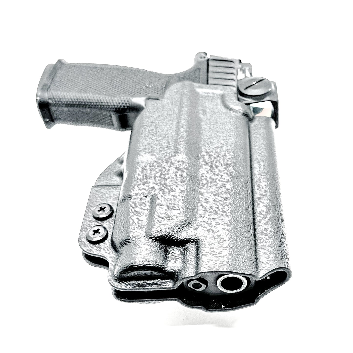 Black OWB holster for Sig P365-FUSE with Icarus MACRO/FUSE A.C.E. EVO grip & Streamlight TLR-7 HL-X. with 4BROS 1.5" Belt Slide. Optics-ready, open muzzle, adjustable retention. USA-made.