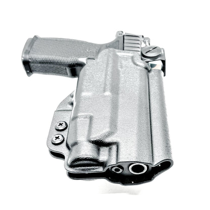 Black OWB holster for Sig P365-FUSE with Icarus MACRO/FUSE A.C.E. EVO grip & Streamlight TLR-7 HL-X. with 4BROS 1.5" Belt Slide. Optics-ready, open muzzle, adjustable retention. USA-made.