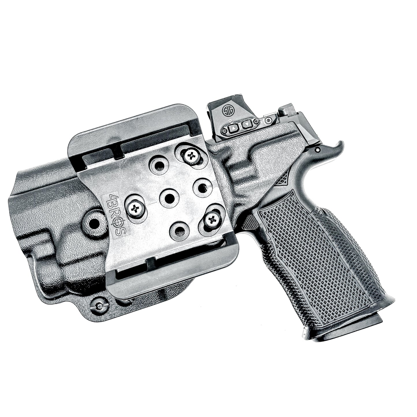 Black OWB holster for Sig P365-FUSE with Icarus MACRO/FUSE A.C.E. EVO grip & Streamlight TLR-7 HL-X. with 4BROS 1.5" Belt Slide. Optics-ready, open muzzle, adjustable retention. USA-made.
