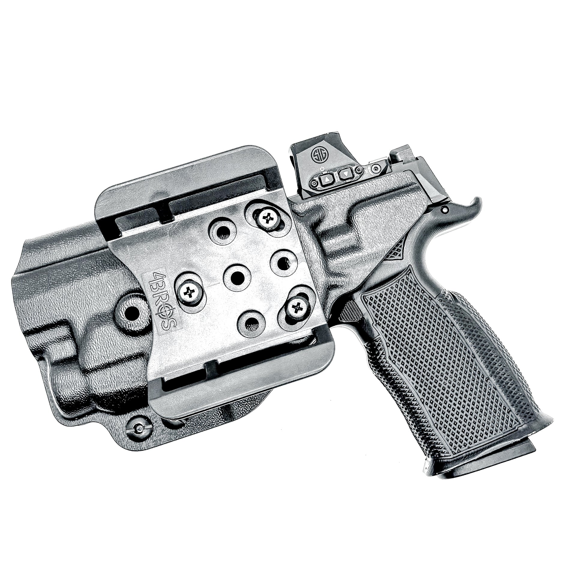 Black OWB holster for Sig P365-FUSE with Icarus MACRO/FUSE A.C.E. EVO grip & Streamlight TLR-7 HL-X. with 4BROS 1.5" Belt Slide. Optics-ready, open muzzle, adjustable retention. USA-made.