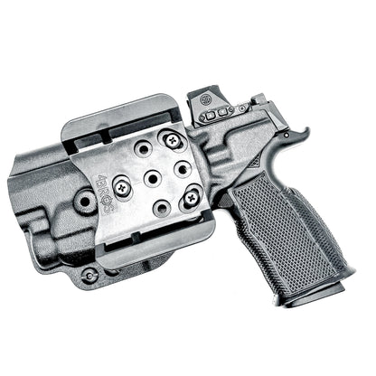 Black OWB holster for Sig P365-FUSE with Icarus MACRO/FUSE A.C.E. EVO grip & Streamlight TLR-7 HL-X. with 4BROS 1.5" Belt Slide. Optics-ready, open muzzle, adjustable retention. USA-made.