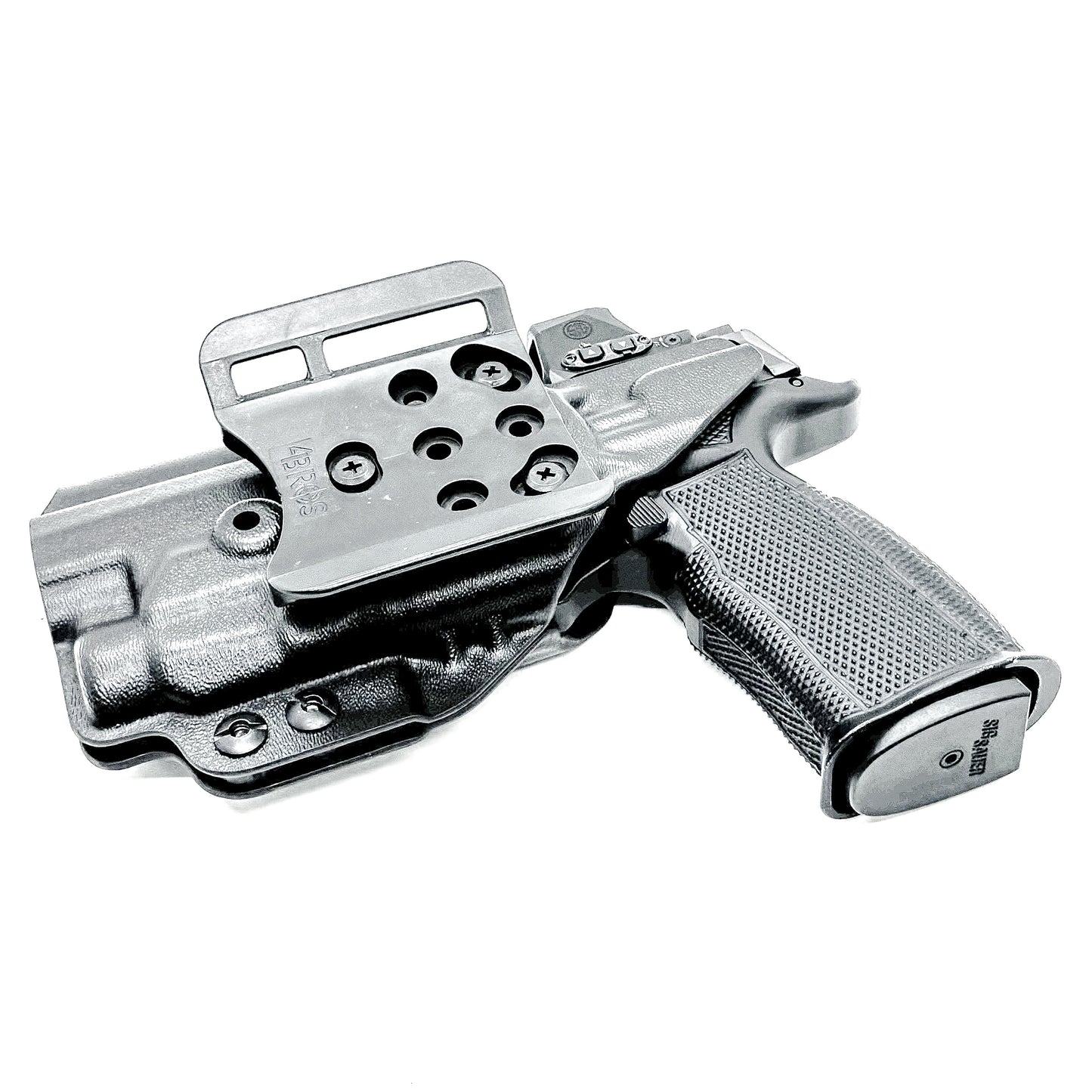 Black OWB holster for Sig P365-FUSE with Icarus MACRO/FUSE A.C.E. EVO grip & Streamlight TLR-7 HL-X. with 4BROS 1.5" Belt Slide. Optics-ready, open muzzle, adjustable retention. USA-made.