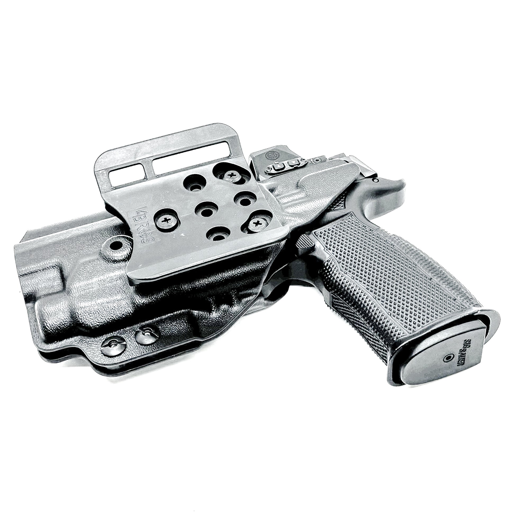 Black OWB holster for Sig P365-FUSE with Icarus MACRO/FUSE A.C.E. EVO grip & Streamlight TLR-7 HL-X. with 4BROS 1.5" Belt Slide. Optics-ready, open muzzle, adjustable retention. USA-made.