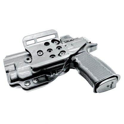 Black OWB holster for Sig P365-FUSE with Icarus MACRO/FUSE A.C.E. EVO grip & Streamlight TLR-7 HL-X. with 4BROS 1.5" Belt Slide. Optics-ready, open muzzle, adjustable retention. USA-made.