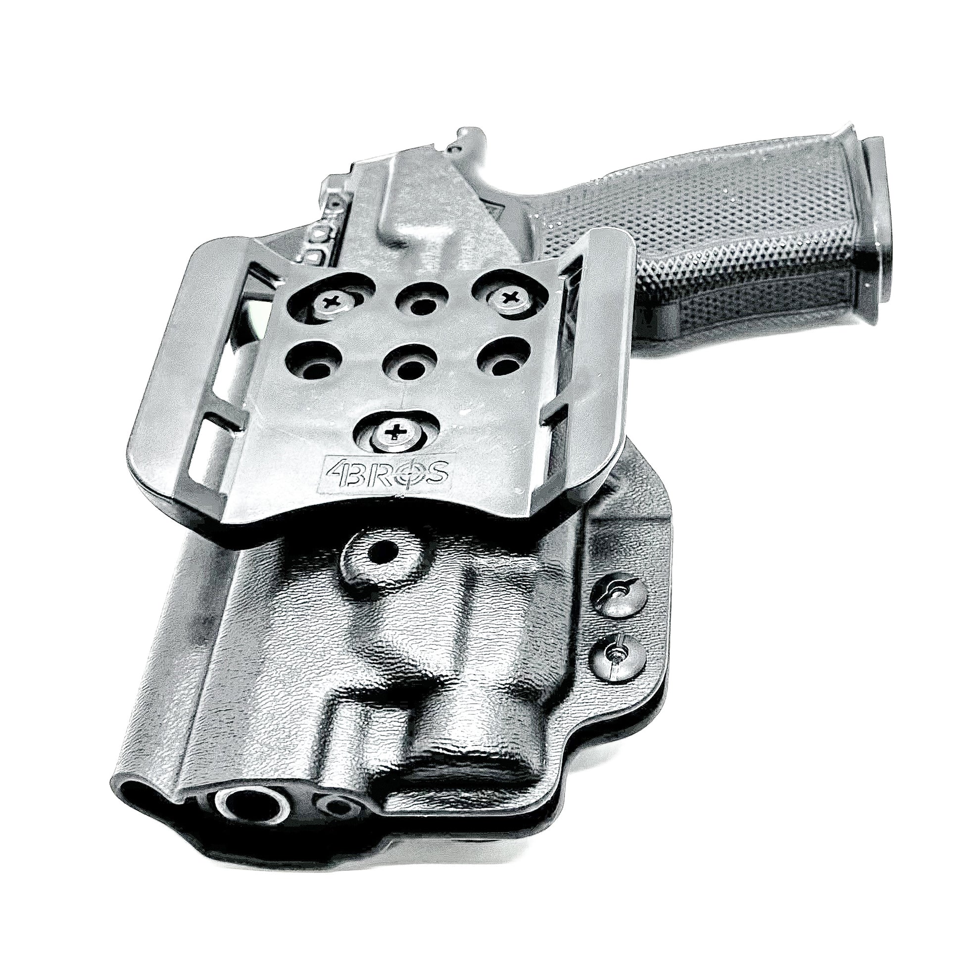 Black OWB holster for Sig P365-FUSE with Icarus MACRO/FUSE A.C.E. EVO grip & Streamlight TLR-7 HL-X. with 4BROS 1.5" Belt Slide. Optics-ready, open muzzle, adjustable retention. USA-made.