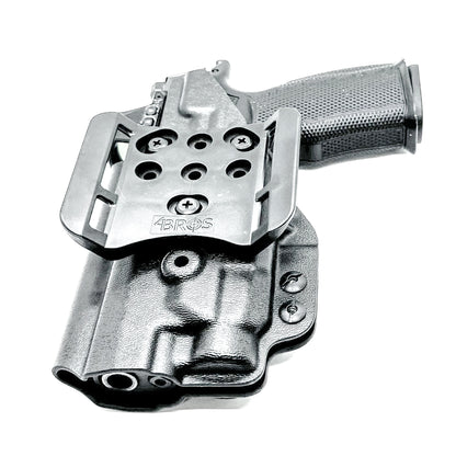 Black OWB holster for Sig P365-FUSE with Icarus MACRO/FUSE A.C.E. EVO grip & Streamlight TLR-7 HL-X. with 4BROS 1.5" Belt Slide. Optics-ready, open muzzle, adjustable retention. USA-made.