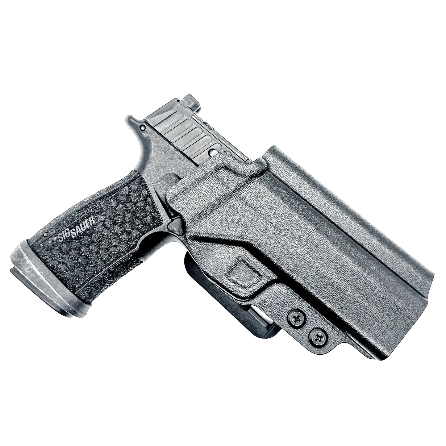 Versatile black OWB holster for Sig Sauer P365-FUSE. Ambidextrous design, optic-ready, and adjustable cant from  Four Brothers Holsters