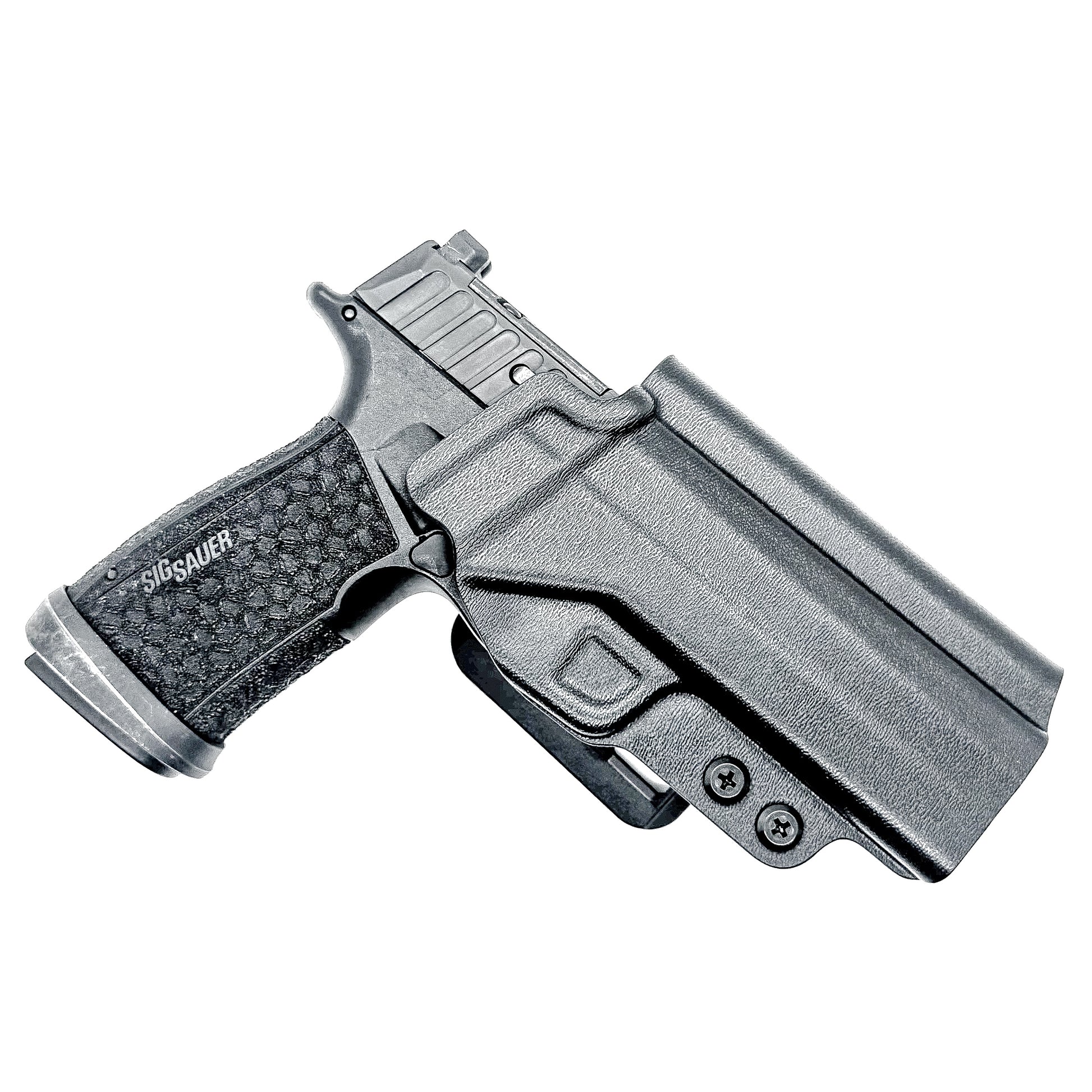 Versatile black OWB holster for Sig Sauer P365-FUSE. Ambidextrous design, optic-ready, and adjustable cant from  Four Brothers Holsters