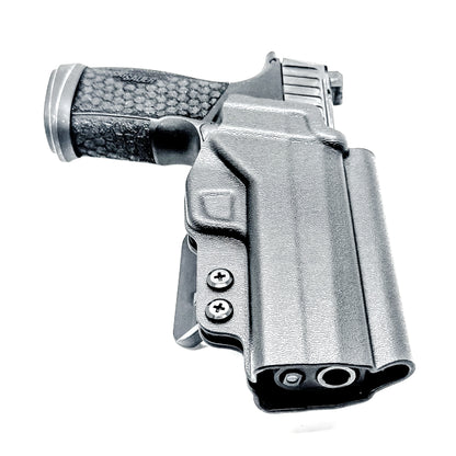 Versatile black OWB holster for Sig Sauer P365-FUSE. Ambidextrous design, optic-ready, and adjustable cant from  Four Brothers Holsters