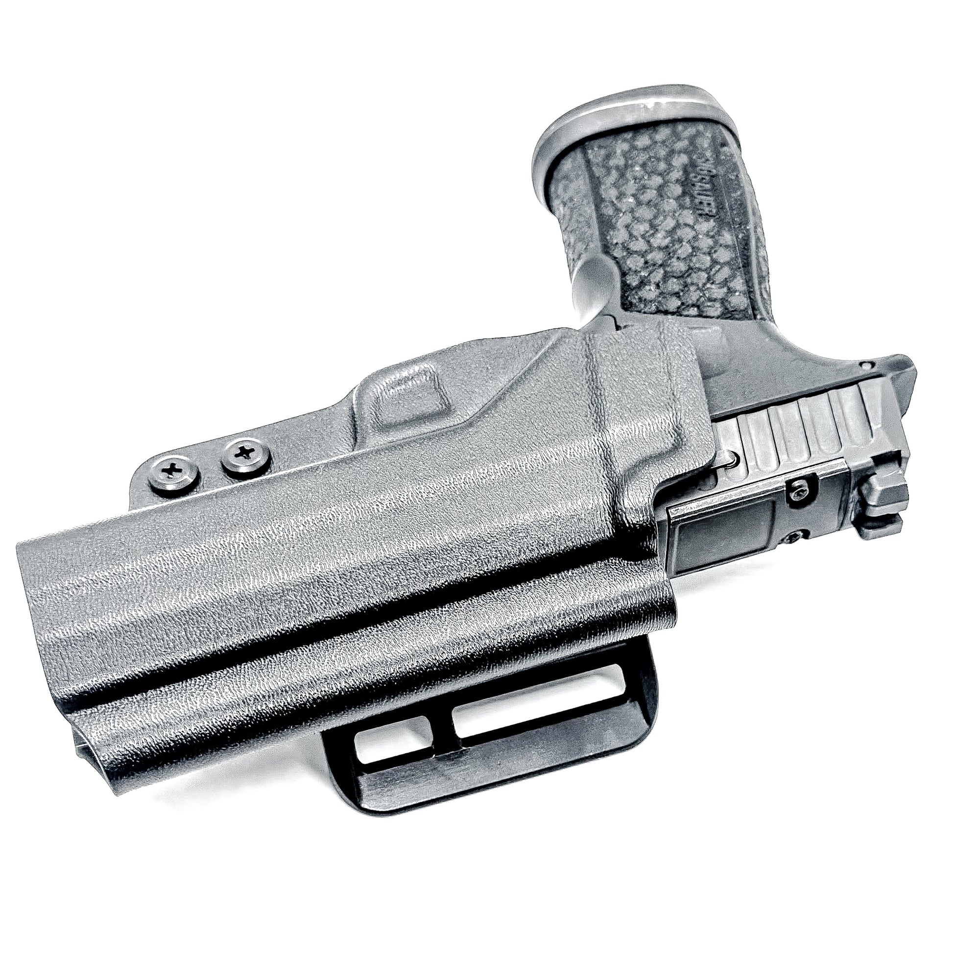 Versatile black OWB holster for Sig Sauer P365-FUSE. Ambidextrous design, optic-ready, and adjustable cant from  Four Brothers Holsters