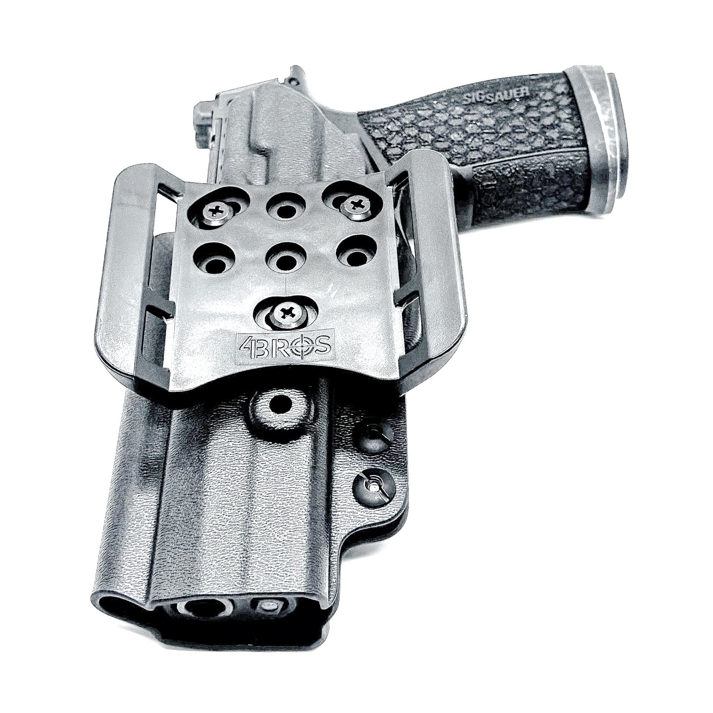 Versatile black OWB holster for Sig Sauer P365-FUSE. Ambidextrous design, optic-ready, and adjustable cant from  Four Brothers Holsters