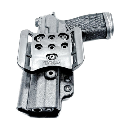 Versatile black OWB holster for Sig Sauer P365-FUSE. Ambidextrous design, optic-ready, and adjustable cant from  Four Brothers Holsters