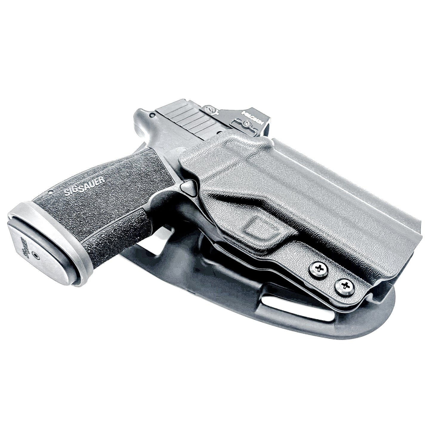 Black OWB light duty and competition holster for Sig Sauer P365-XMACRO. Red dot ready, threaded barrel compatible. 