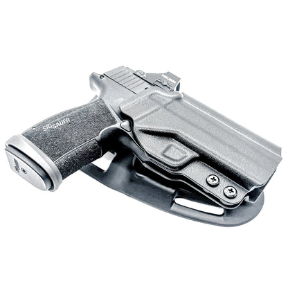 Black OWB light duty and competition holster for Sig Sauer P365-XMACRO. Red dot ready, threaded barrel compatible. 