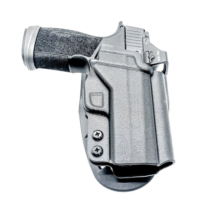 Black OWB light duty and competition holster for Sig Sauer P365-XMACRO. Red dot ready, threaded barrel compatible. 