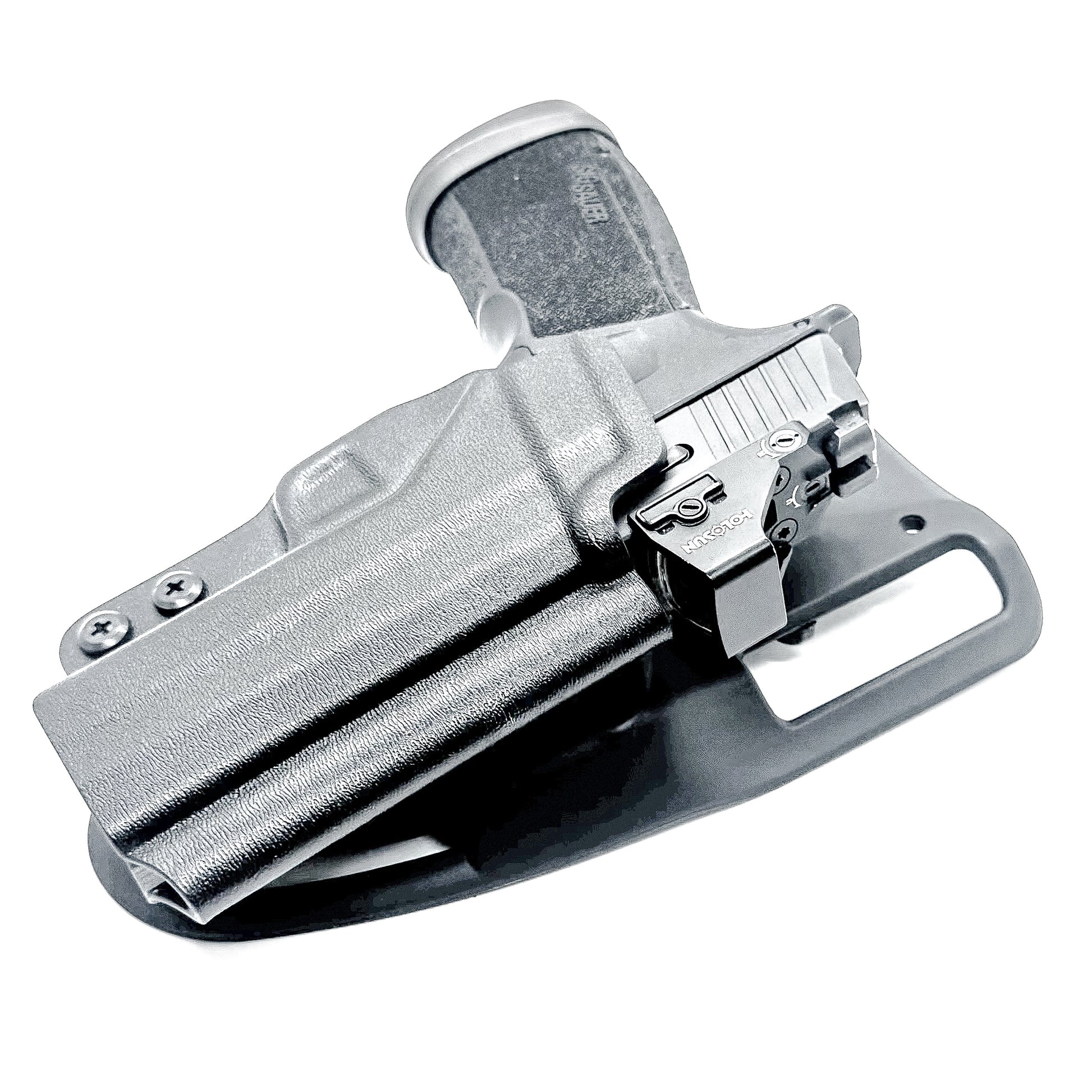Black OWB light duty and competition holster for Sig Sauer P365-XMACRO. Red dot ready, threaded barrel compatible. 