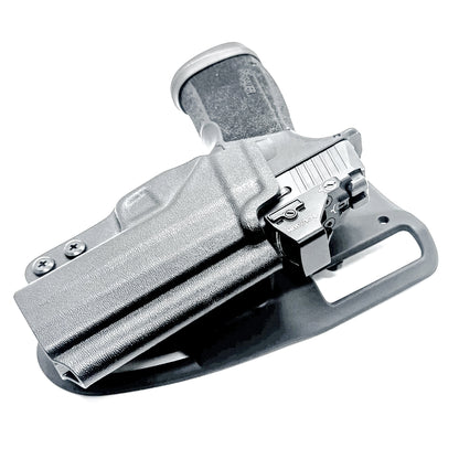 Black OWB light duty and competition holster for Sig Sauer P365-XMACRO. Red dot ready, threaded barrel compatible. 