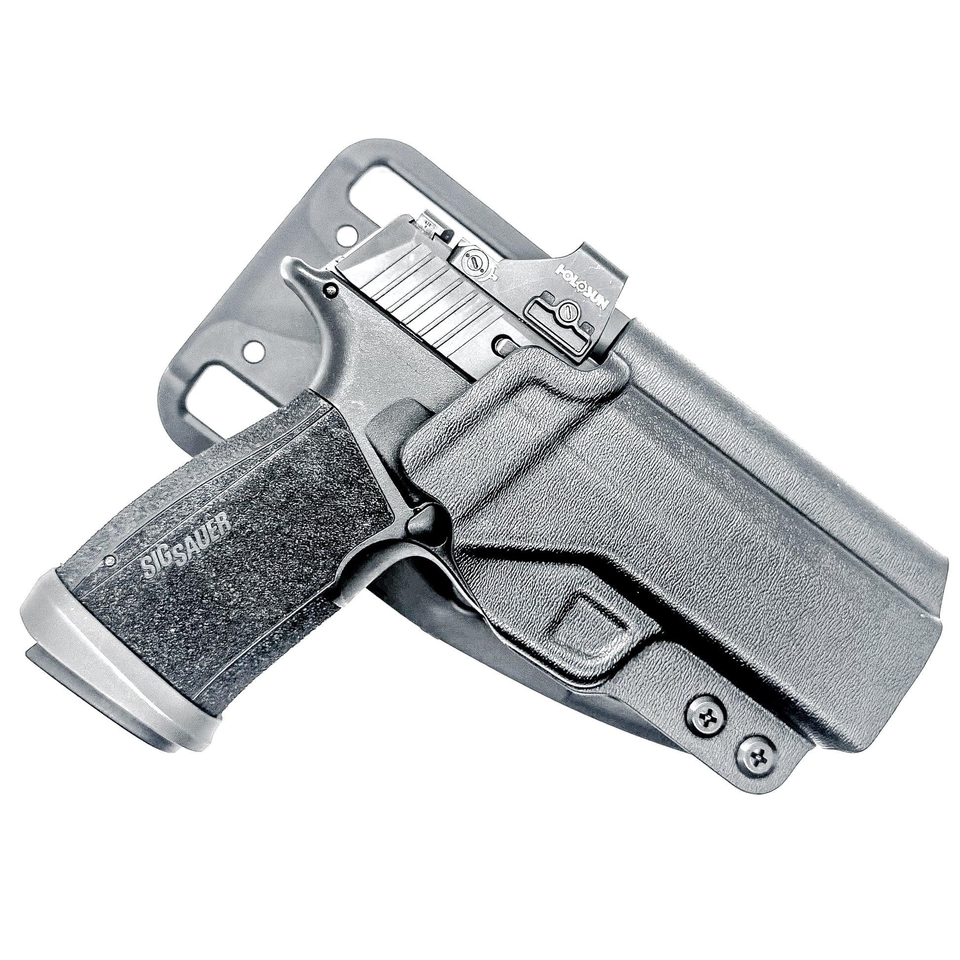 Black OWB light duty and competition holster for Sig Sauer P365-XMACRO. Red dot ready, threaded barrel compatible. 