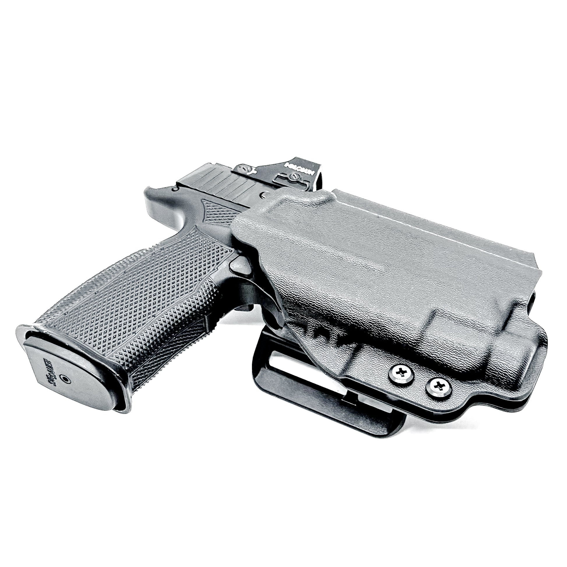 Black OWB holster for the Sig Sauer P365-XMACRO & Icarus Precision A.C.E. Module & TLR-7 HL-X with 4BROS 1.5" Belt Slide.
