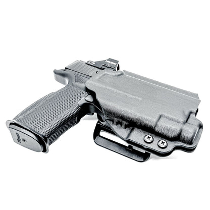 Black OWB holster for the Sig Sauer P365-XMACRO & Icarus Precision A.C.E. Module & TLR-7 HL-X with 4BROS 1.5" Belt Slide.