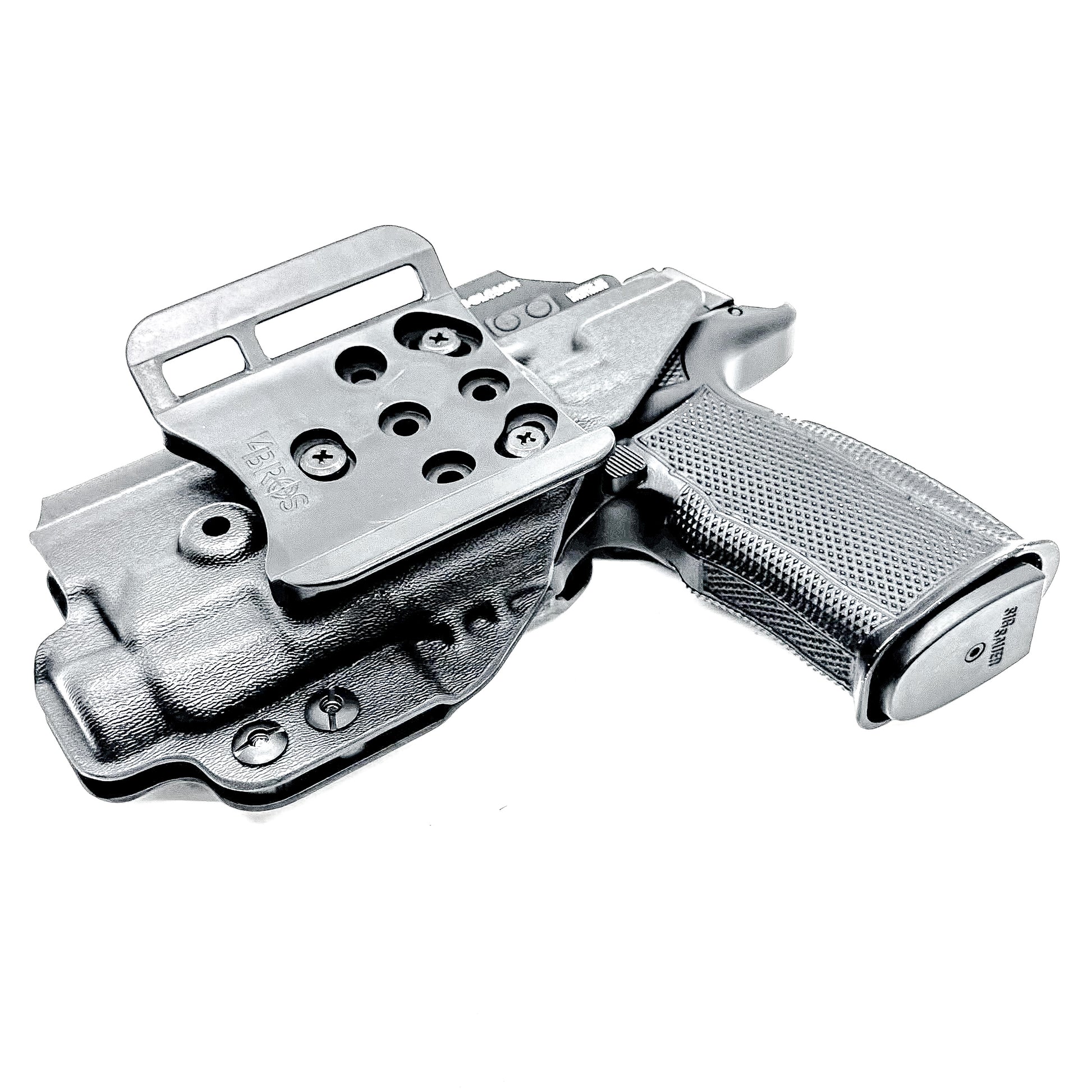 Black OWB holster for the Sig Sauer P365-XMACRO & Icarus Precision A.C.E. Module & TLR-7 HL-X with 4BROS 1.5" Belt Slide.