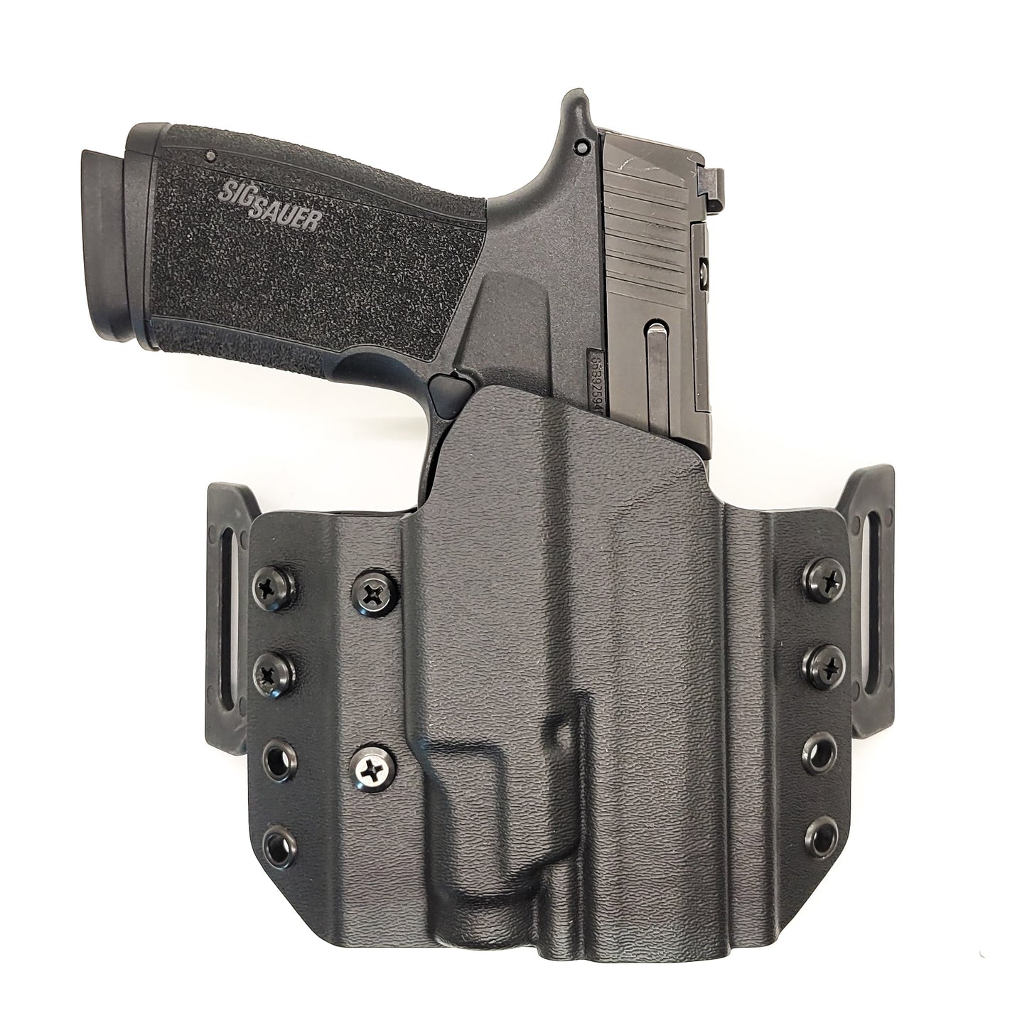 OWB Kydex holster for Sig Sauer P365-XMACRO TACOPS & TLR-7 Sub. Pancake holster, adjustable retention, open muzzle, optic/red dot ready. Made in USA.