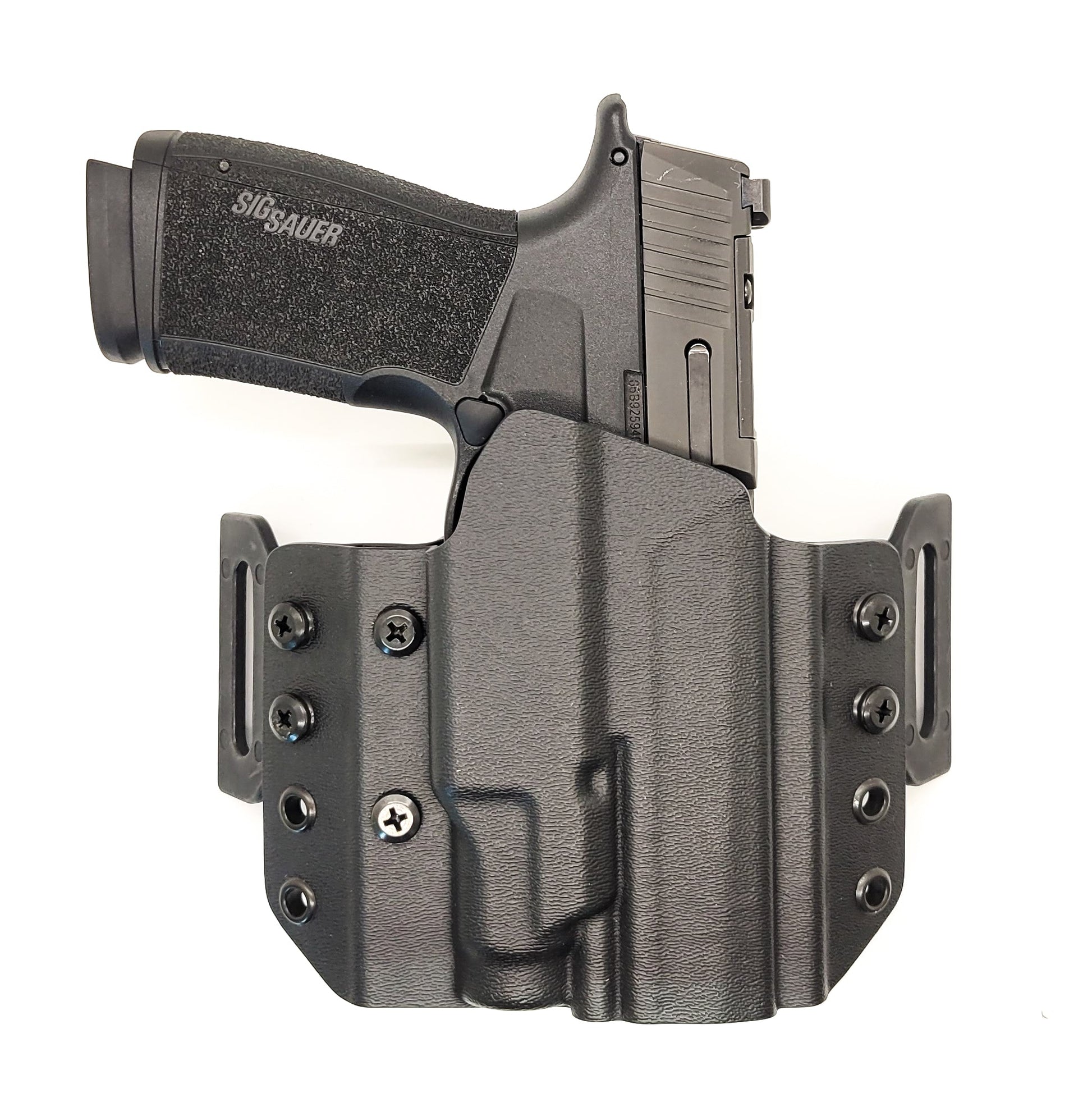 OWB Kydex holster for Sig Sauer P365-XMACRO TACOPS & TLR-7 Sub. Pancake holster, adjustable retention, open muzzle, optic/red dot ready. Made in USA.