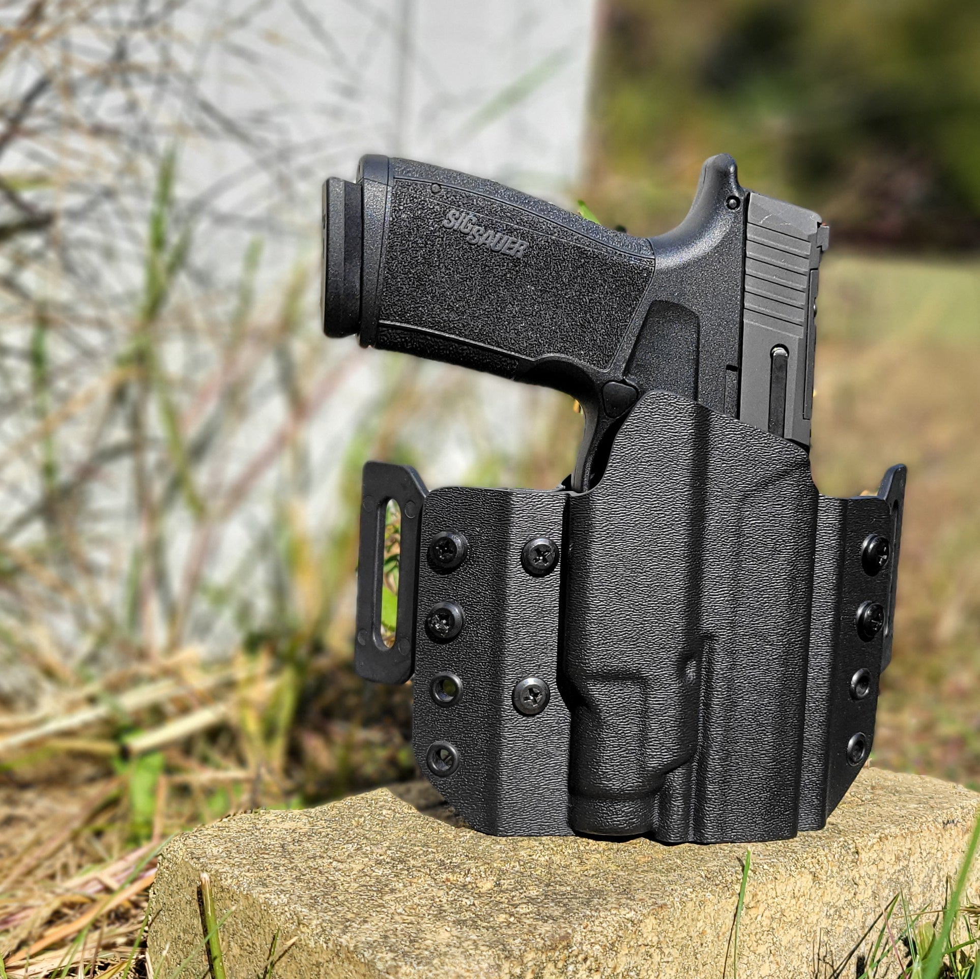 OWB Kydex holster for Sig Sauer P365-XMACRO TACOPS & TLR-7 Sub. Pancake holster, adjustable retention, open muzzle, optic/red dot ready. Made in USA.