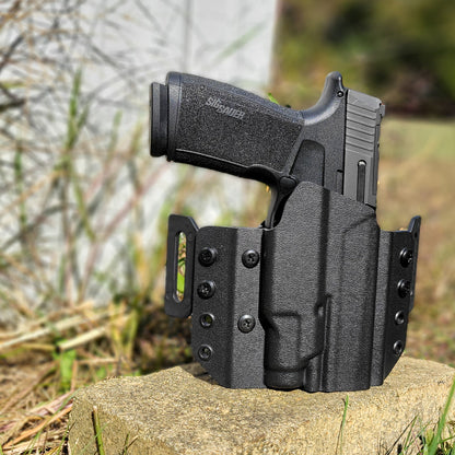 OWB Kydex holster for Sig Sauer P365-XMACRO TACOPS & TLR-7 Sub. Pancake holster, adjustable retention, open muzzle, optic/red dot ready. Made in USA.