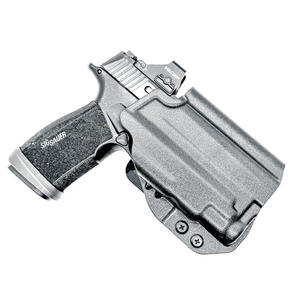 Outside the Waistband OWB holster for the Sig Sauer P365-XMACRO & TLR-7 Sub light in black with 4BROS 1.5" Belt Slide attachment.