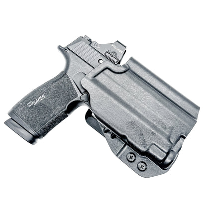 Outside the Waistband OWB holster for the Sig Sauer P365-XMACRO & TLR-7 Sub light in black with 4BROS 1.5" Belt Slide attachment.