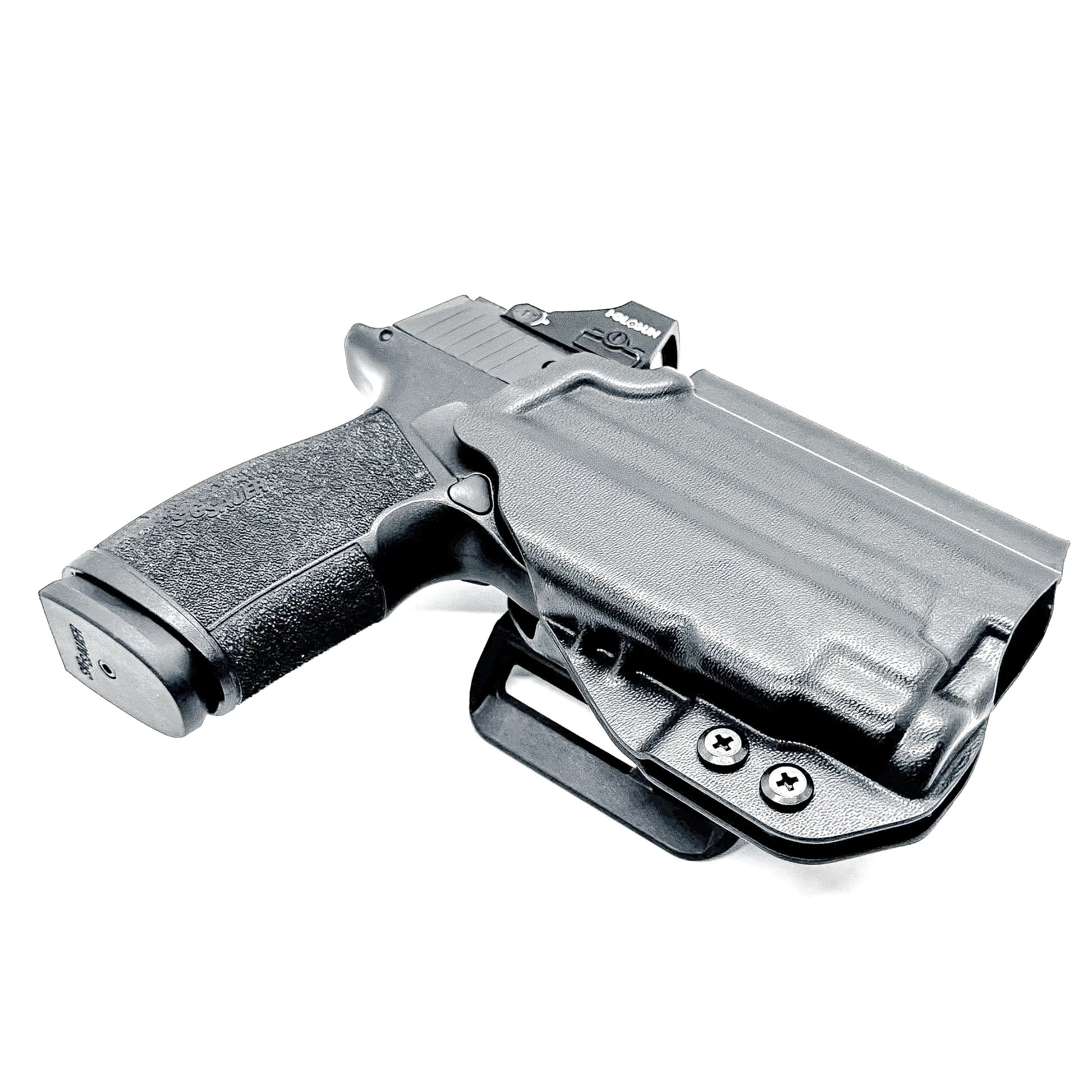 Outside the Waistband OWB holster for the Sig Sauer P365-XMACRO & TLR-7 Sub light in black with 4BROS 1.5" Belt Slide attachment.