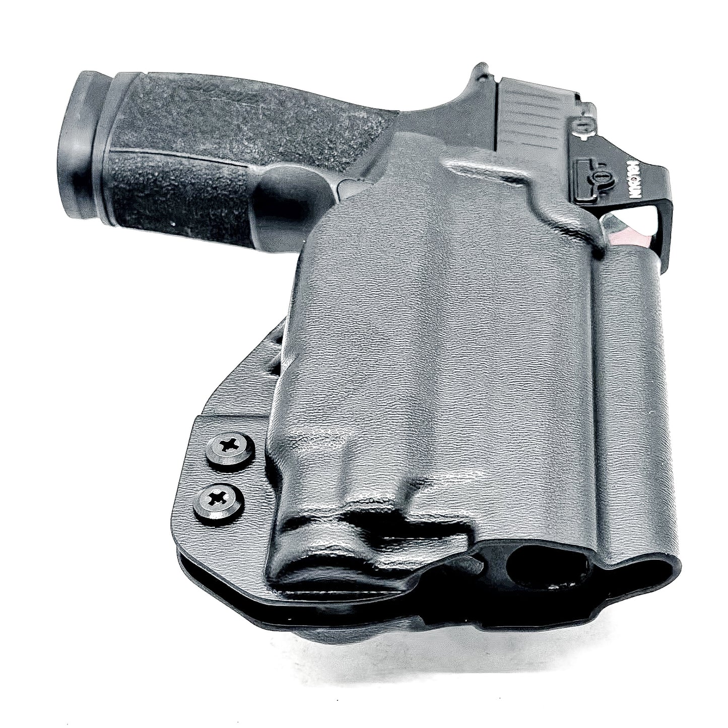 Outside the Waistband OWB holster for the Sig Sauer P365-XMACRO & TLR-7 Sub light in black with 4BROS 1.5" Belt Slide attachment.
