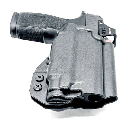 Outside the Waistband OWB holster for the Sig Sauer P365-XMACRO & TLR-7 Sub light in black with 4BROS 1.5" Belt Slide attachment.